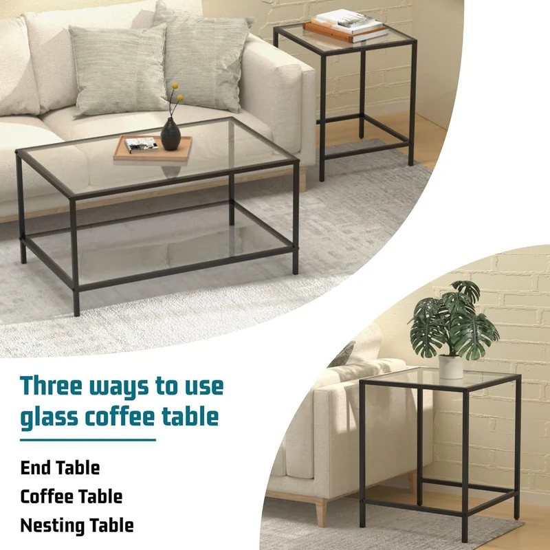 Lot de 2 tables basses carrées modernes en verre - Petite table d'appoint - Table basse pour salon, chambre à coucher, bureau - 60/40 cm - Noir