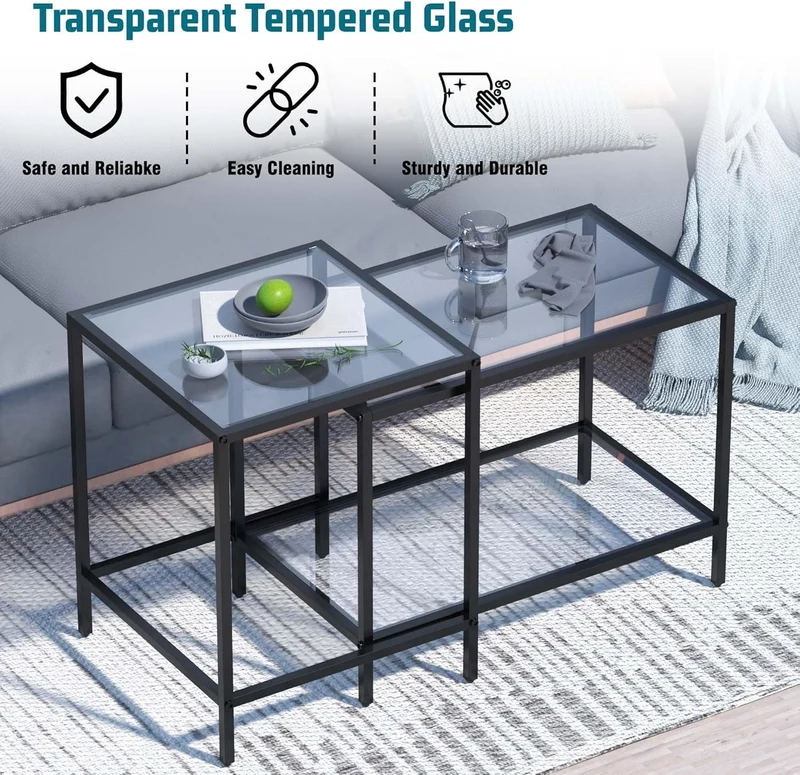 Lot de 2 tables basses carrées modernes en verre - Petite table d'appoint - Table basse pour salon, chambre à coucher, bureau - 60/40 cm - Noir