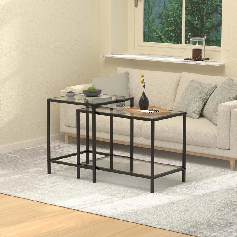 Lot de 2 tables basses carrées modernes en verre - Petite table d'appoint - Table basse pour salon, chambre à coucher, bureau - 60/40 cm - Noir
