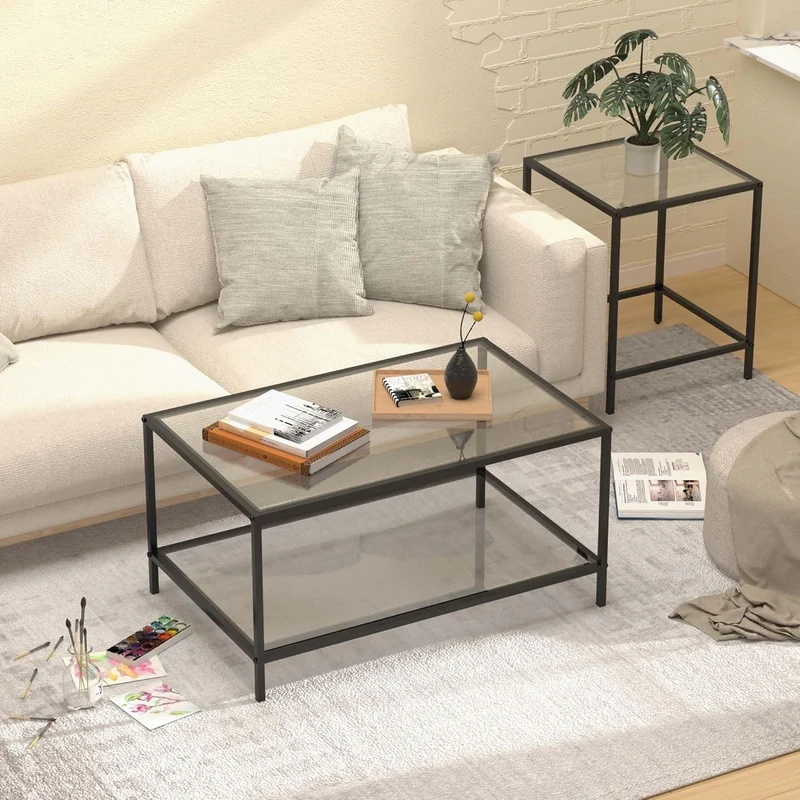 Lot de 2 tables basses carrées modernes en verre - Petite table d'appoint - Table basse pour salon, chambre à coucher, bureau - 60/40 cm - Noir