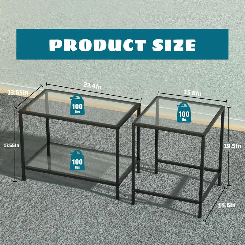 Lot de 2 tables basses carrées modernes en verre - Petite table d'appoint - Table basse pour salon, chambre à coucher, bureau - 60/40 cm - Noir