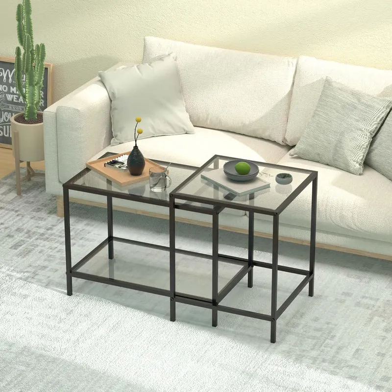 Lot de 2 tables basses carrées modernes en verre - Petite table d'appoint - Table basse pour salon, chambre à coucher, bureau - 60/40 cm - Noir