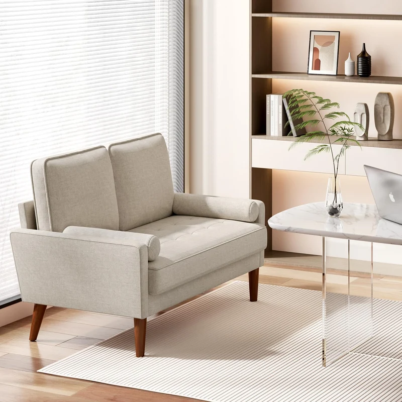 Vesgantti Petit Canapé 2 Places en Lin Ashbeige 121cm Coussin à Ressorts, Accoudoirs, Salon Moderne, Causeuse Fixe