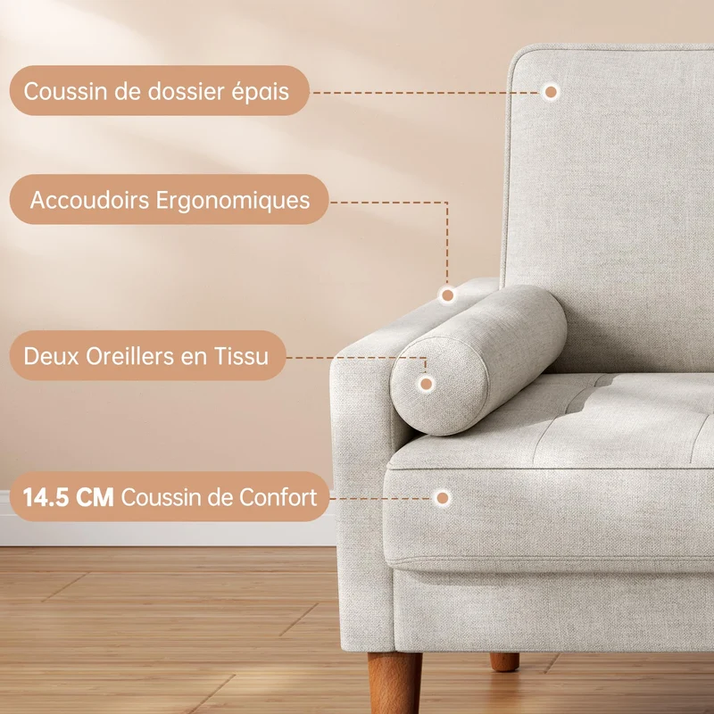 Vesgantti Petit Canapé 2 Places en Lin Ashbeige 121cm Coussin à Ressorts, Accoudoirs, Salon Moderne, Causeuse Fixe