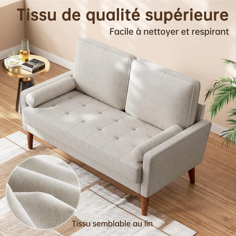 Vesgantti Petit Canapé 2 Places en Lin Ashbeige 121cm Coussin à Ressorts, Accoudoirs, Salon Moderne, Causeuse Fixe