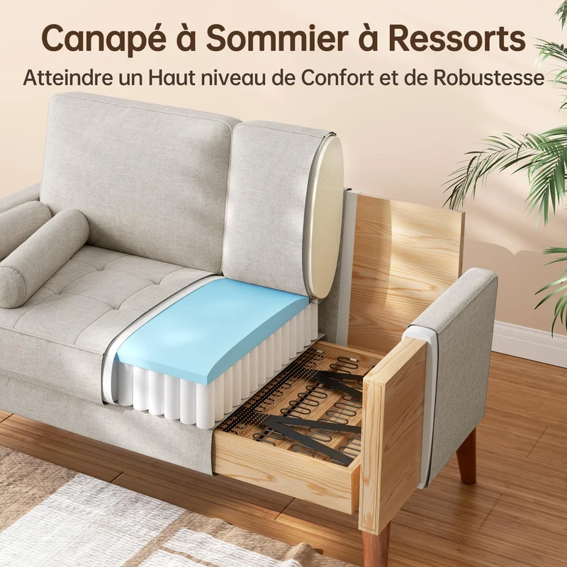 Vesgantti Petit Canapé 2 Places en Lin Ashbeige 121cm Coussin à Ressorts, Accoudoirs, Salon Moderne, Causeuse Fixe