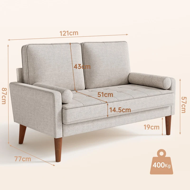 Vesgantti Petit Canapé 2 Places en Lin Ashbeige 121cm Coussin à Ressorts, Accoudoirs, Salon Moderne, Causeuse Fixe