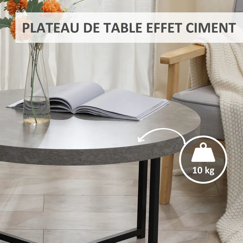 HOMCOM Table Basse Ronde Effet béton ciré en Bois et métal - Ø 80 x 45 cm - piètement croisé