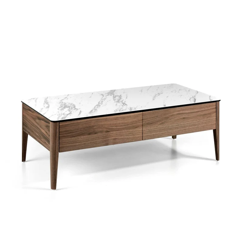 Angel Cerdá - Table Basse Rectangulaire avec Plateau en Porcelaine Calacatta et Base en Noyer - Table Basse Moderne avec Tiroirs - Originale et Versatile - Matériaux Résistants - 120 x 60 x 40 cm