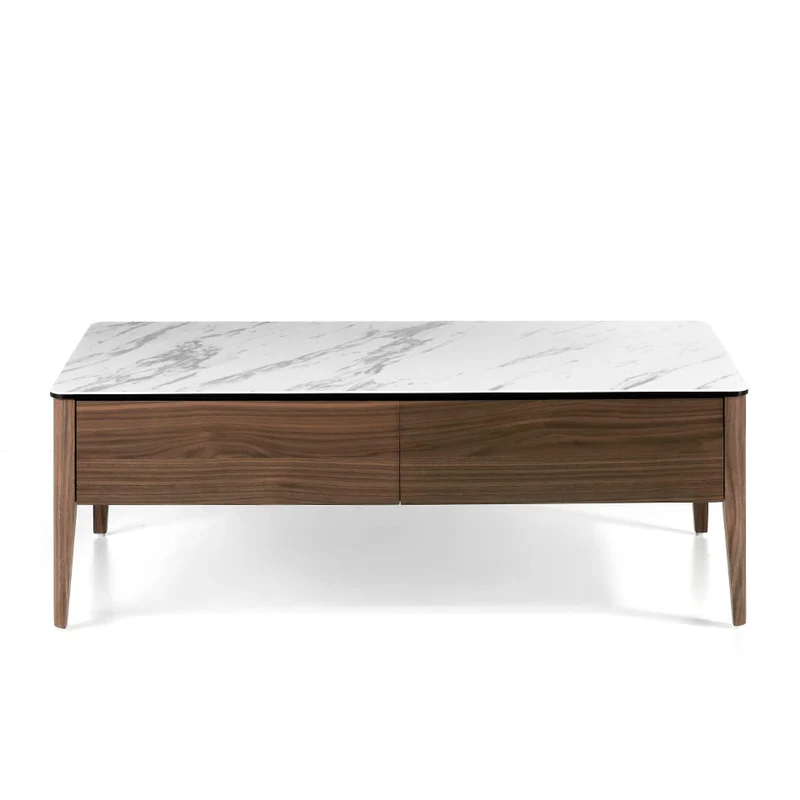 Angel Cerdá - Table Basse Rectangulaire avec Plateau en Porcelaine Calacatta et Base en Noyer - Table Basse Moderne avec Tiroirs - Originale et Versatile - Matériaux Résistants - 120 x 60 x 40 cm