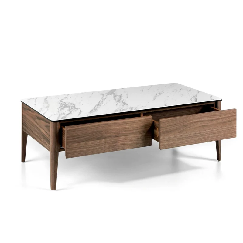 Angel Cerdá - Table Basse Rectangulaire avec Plateau en Porcelaine Calacatta et Base en Noyer - Table Basse Moderne avec Tiroirs - Originale et Versatile - Matériaux Résistants - 120 x 60 x 40 cm