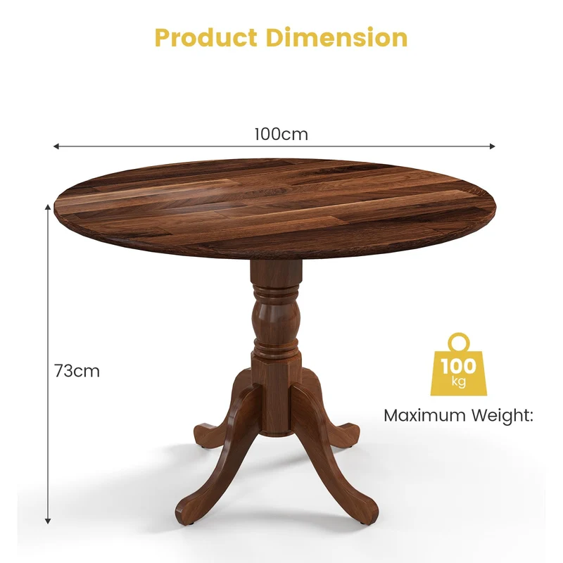 GIANTEX Table à Manger Rustique en Bois avec Plateau Rond et Pieds Incurvés, Table Ronde pour 4 Personnes, Cadre en Bois de Caoutchouc, pour Cuisine, Salle à Manger, Salon, 100 x 100 x 73 cm (Noyer)