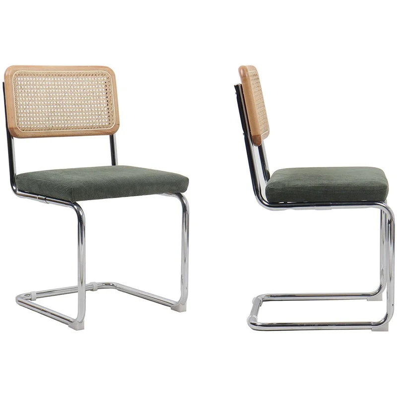 HOMIFAB Lot de 2 chaises en cannage Velours côtelé Vert Kaki et métal chromé - Muse