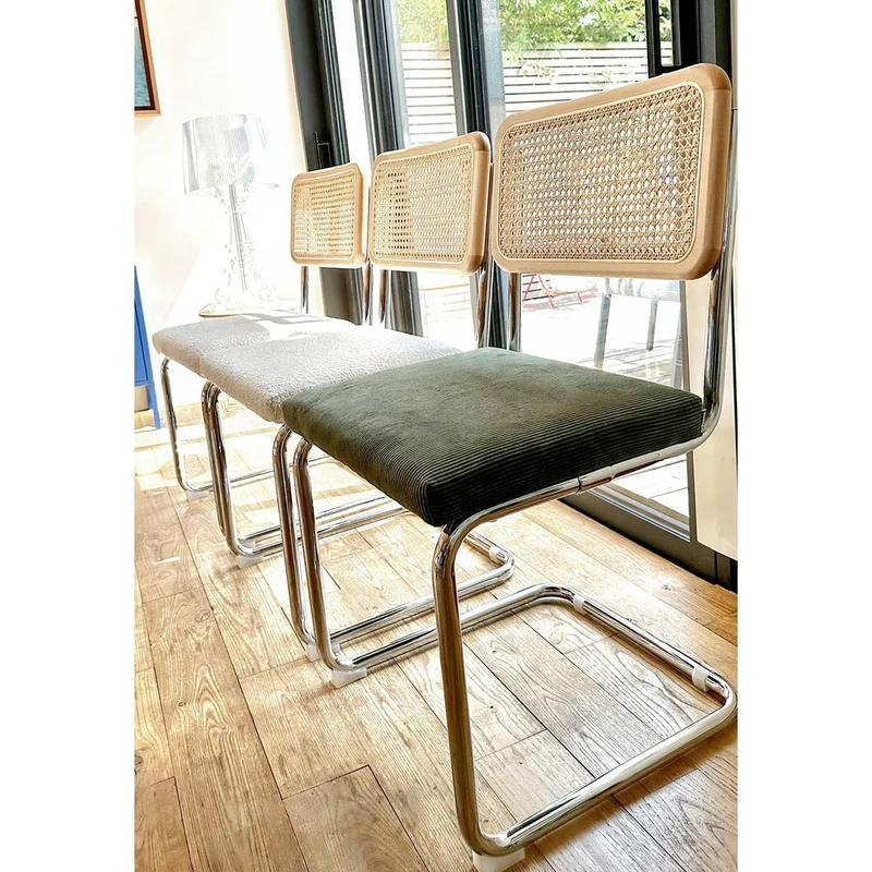 HOMIFAB Lot de 2 chaises en cannage Velours côtelé Vert Kaki et métal chromé - Muse