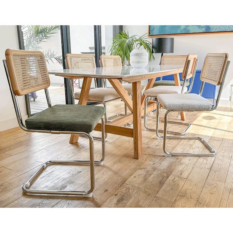 HOMIFAB Lot de 2 chaises en cannage Velours côtelé Vert Kaki et métal chromé - Muse