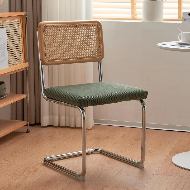 HOMIFAB Lot de 2 chaises en cannage Velours côtelé Vert Kaki et métal chromé - Muse