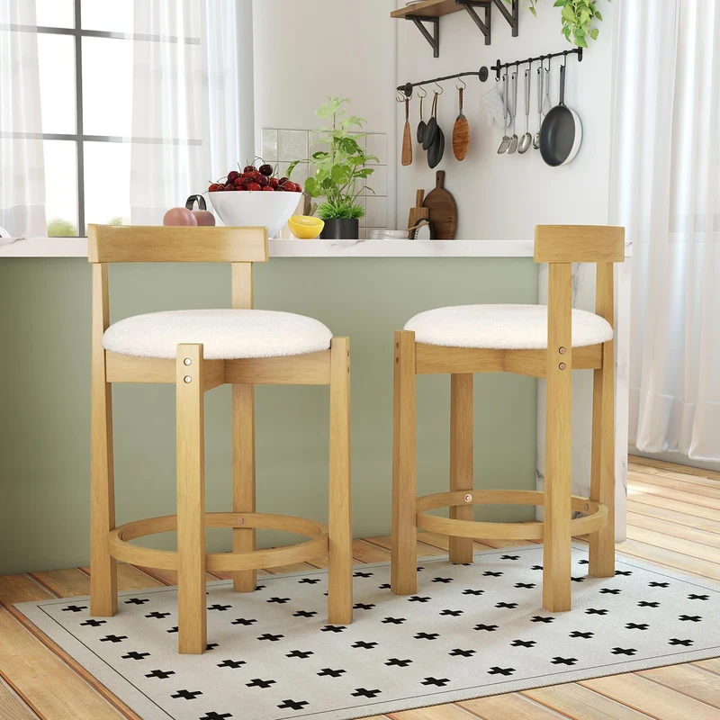 GIANTEX Lot de 2 Tabouret Bar Rembourrés, Repose-Pieds & Dossier Confortable, Pieds en Bois d'Hévéa, Chaise de Bar, Hauteur d'Assise 62 cm, Charge 150 kg, Chaise Haute Cuisine pour Cuisine, Naturel