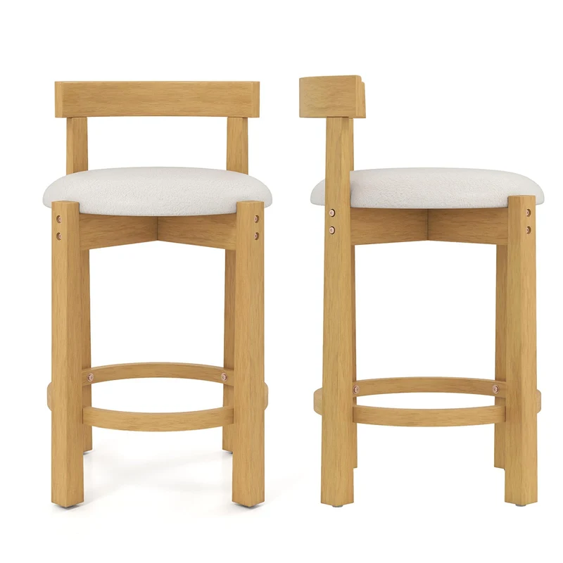 GIANTEX Lot de 2 Tabouret Bar Rembourrés, Repose-Pieds & Dossier Confortable, Pieds en Bois d'Hévéa, Chaise de Bar, Hauteur d'Assise 62 cm, Charge 150 kg, Chaise Haute Cuisine pour Cuisine, Naturel