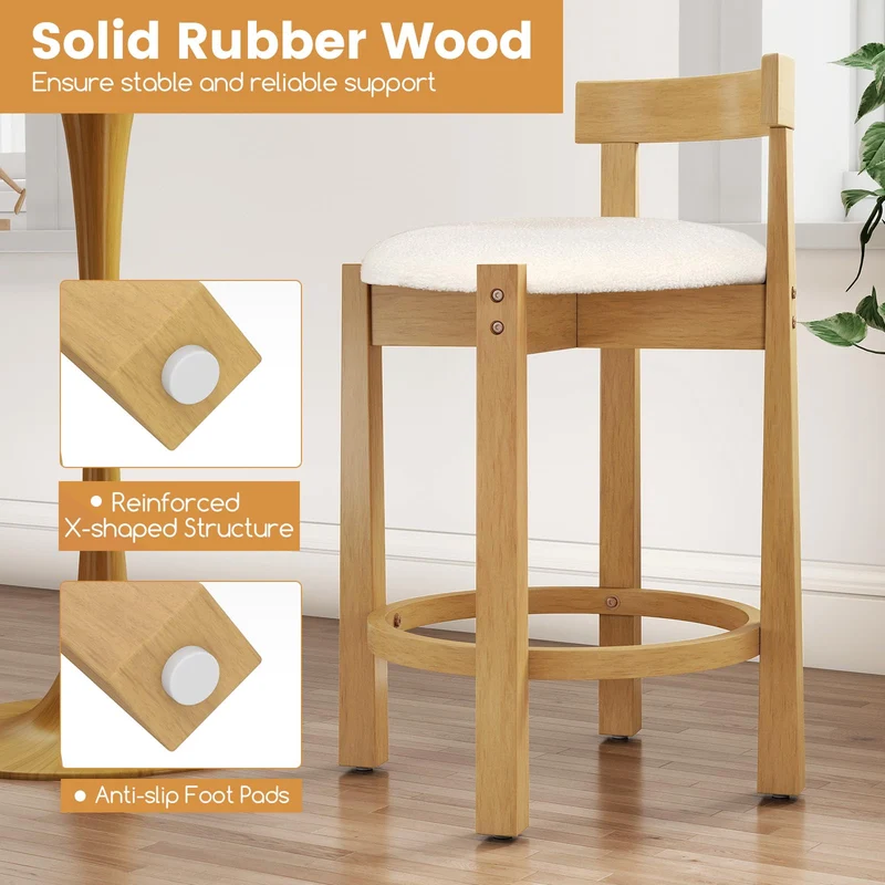 GIANTEX Lot de 2 Tabouret Bar Rembourrés, Repose-Pieds & Dossier Confortable, Pieds en Bois d'Hévéa, Chaise de Bar, Hauteur d'Assise 62 cm, Charge 150 kg, Chaise Haute Cuisine pour Cuisine, Naturel