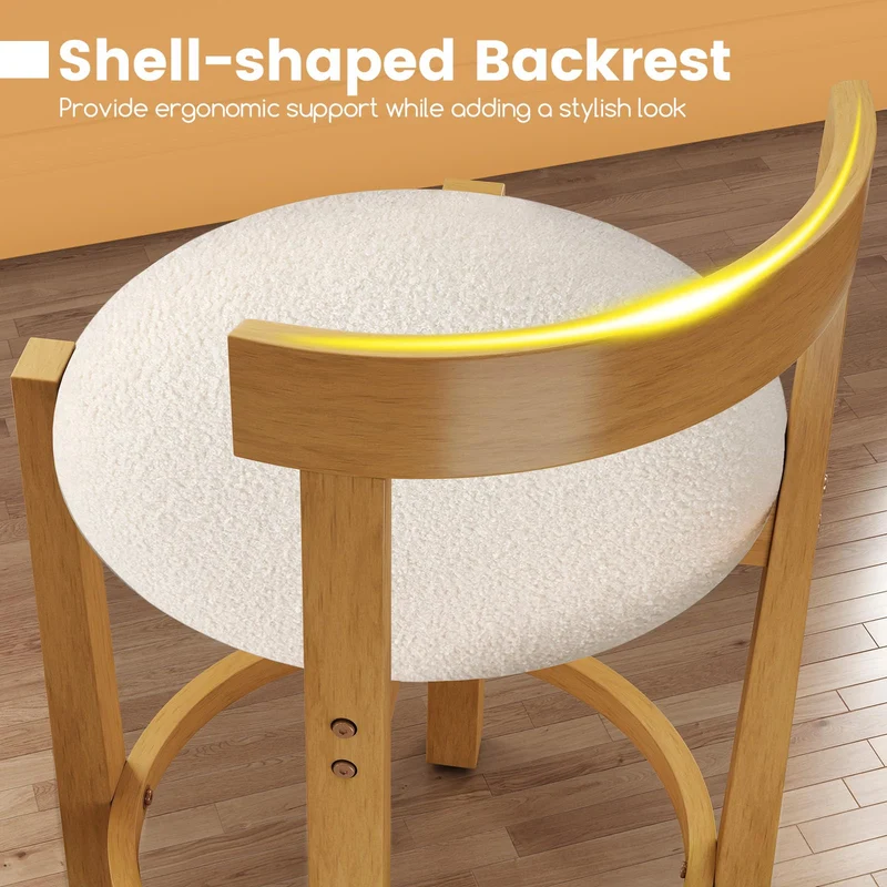 GIANTEX Lot de 2 Tabouret Bar Rembourrés, Repose-Pieds & Dossier Confortable, Pieds en Bois d'Hévéa, Chaise de Bar, Hauteur d'Assise 62 cm, Charge 150 kg, Chaise Haute Cuisine pour Cuisine, Naturel