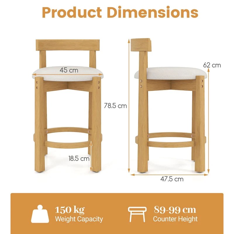 GIANTEX Lot de 2 Tabouret Bar Rembourrés, Repose-Pieds & Dossier Confortable, Pieds en Bois d'Hévéa, Chaise de Bar, Hauteur d'Assise 62 cm, Charge 150 kg, Chaise Haute Cuisine pour Cuisine, Naturel