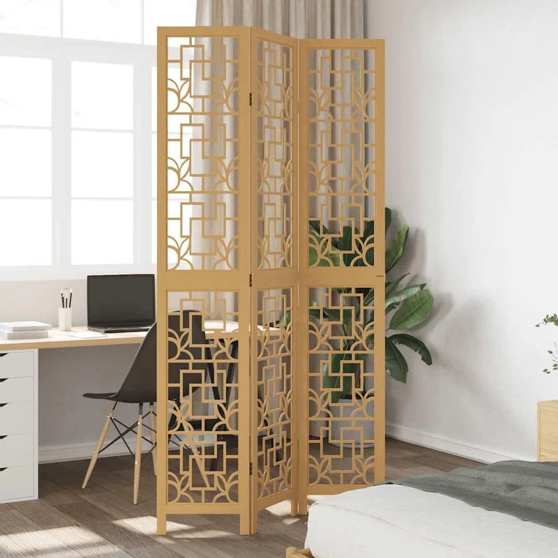 Cloison Amovible sans Percage, Cloison de séparation 3 Panneaux Marron Bois Paulownia Massif, Room Divider pour Chambre, Salon, Bureau