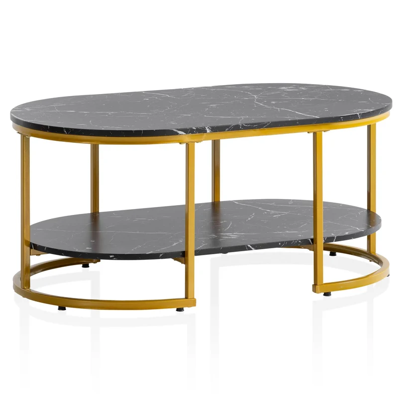 WOHNLING Table basse 100 x 60 x 45 cm - Noir avec aspect marbre - Table de salon design rectangulaire avec étagère - Table basse moderne avec structure en métal doré