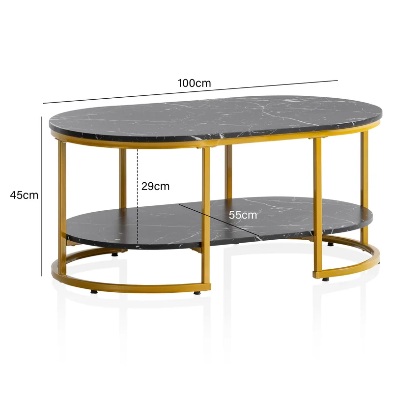 WOHNLING Table basse 100 x 60 x 45 cm - Noir avec aspect marbre - Table de salon design rectangulaire avec étagère - Table basse moderne avec structure en métal doré