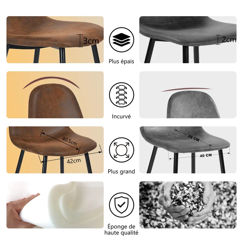 MEUBLE COSY Lot de 4 chaises de salle à manger Scandinave Fauteuil Salon Cuisine Pied Métal Noir Rétro Vintage en suédine Marron