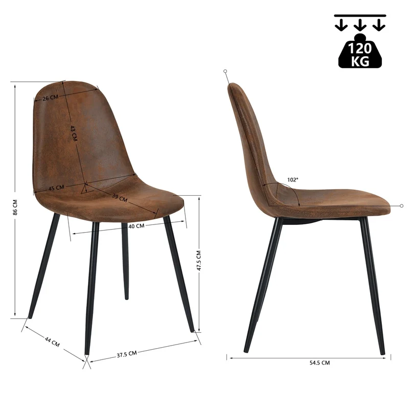 MEUBLE COSY Lot de 4 chaises de salle à manger Scandinave Fauteuil Salon Cuisine Pied Métal Noir Rétro Vintage en suédine Marron
