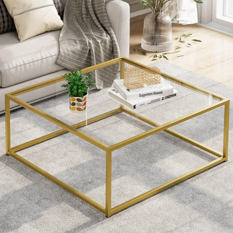 Petite table basse carrée en verre pour salon, table centrale simple et moderne pour petits espaces, table basse dorée pour salon, assemblage facile, 66 x 66 cm (doré et verre transparent)