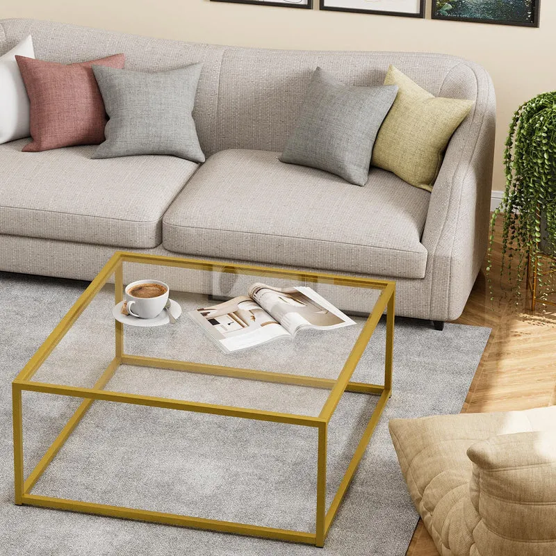 Petite table basse carrée en verre pour salon, table centrale simple et moderne pour petits espaces, table basse dorée pour salon, assemblage facile, 66 x 66 cm (doré et verre transparent)
