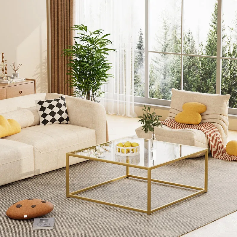 Petite table basse carrée en verre pour salon, table centrale simple et moderne pour petits espaces, table basse dorée pour salon, assemblage facile, 66 x 66 cm (doré et verre transparent)