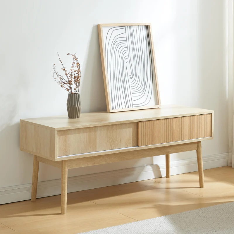 [en.casa] Meuble TV Design Scandinave avec 2 Portes Coulissantes Passe-Câbles Banc Télévision avec Espace de Rangement Panneau de Particules MDF Bois de Pin 115 x 40 x 48 cm Effet Chêne