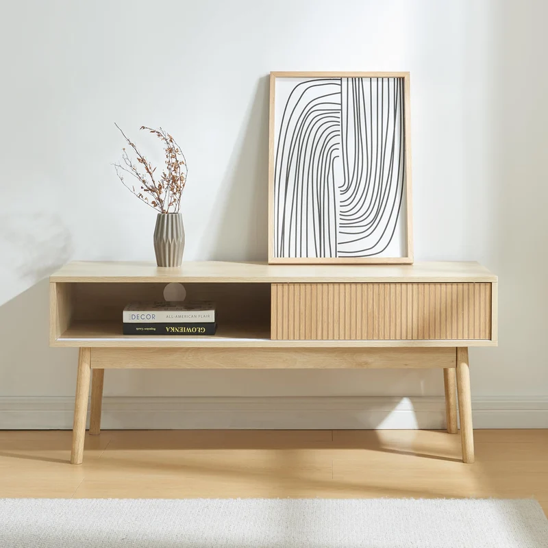 [en.casa] Meuble TV Design Scandinave avec 2 Portes Coulissantes Passe-Câbles Banc Télévision avec Espace de Rangement Panneau de Particules MDF Bois de Pin 115 x 40 x 48 cm Effet Chêne