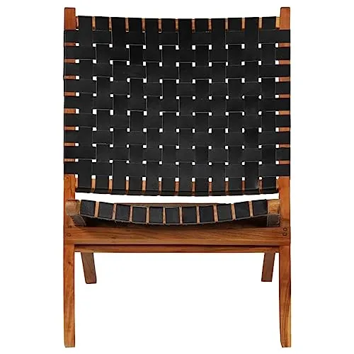 CKioict Fauteuil de lecture, fauteuil à cocktail, moderne, rembourré, pliable, tressé, en cuir véritable, noir, convient pour le bureau, la chambre à coucher, le bureau