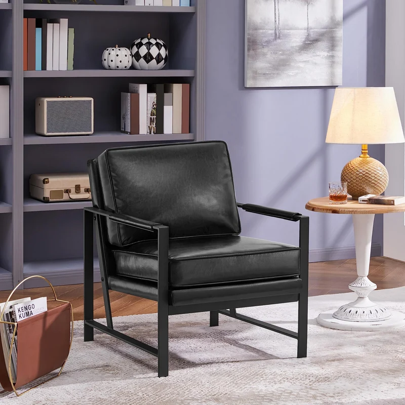 Yaheetech Fauteuil de Salon Moderne Fauteuil d'appoint Design avec Coussins Rembourrés Cadre en métal Fauteuil de Lecture Confortable Noir