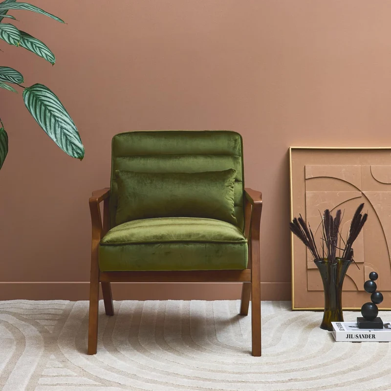 sweeek - Fauteuil scandinave Bois d'hévéa et Velours Kaki