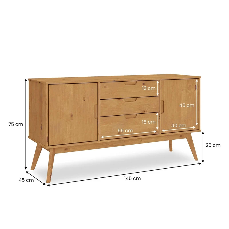 IDIMEX Buffet Salle à Manger Tivoli L 145 cm en Bois Massif Finition Bois Naturel teinté avec 3 tiroirs et 2 Portes battantes, Un Meuble de Rangement Style scandinave, Finition élégante