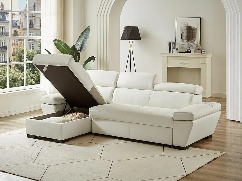 Vente-unique - Canapé d'angle Convertible en Cuir JONOVA - Blanc - Angle Gauche