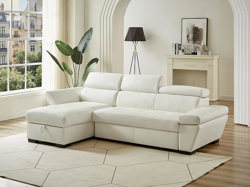 Vente-unique - Canapé d'angle Convertible en Cuir JONOVA - Blanc - Angle Gauche