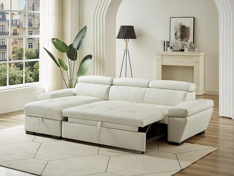 Vente-unique - Canapé d'angle Convertible en Cuir JONOVA - Blanc - Angle Gauche