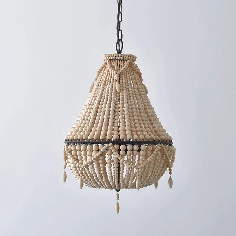 WANQINV Lustre en Perles de Bois de Style bohème Suspension Semi-incrustée de Perles de Bois Faites à la Main Salle à Manger Salon Chambre Plafonnier Suspension E27 3- Lumières 14,97 "D X 21,67" H