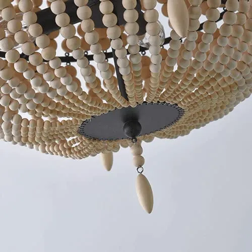 WANQINV Lustre en Perles de Bois de Style bohème Suspension Semi-incrustée de Perles de Bois Faites à la Main Salle à Manger Salon Chambre Plafonnier Suspension E27 3- Lumières 14,97 "D X 21,67" H