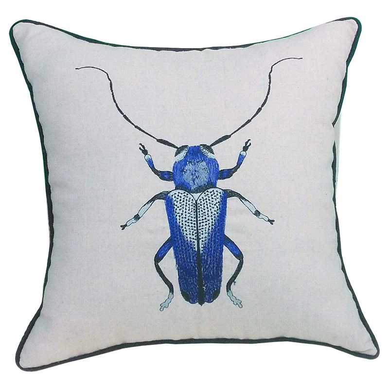ZUODU Housse de coussin brodée en coton et lin, motif insectes, 45 cm x 45 cm (Blackbeetle-1)