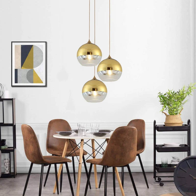 Euone_Clothes Suspension Luminaire avec Abat-jour Boule en Verre Semi-plaqué, Lampe Suspendue de Plafond Moderne, Lustre de Chambre de Salle à manger de Cuisine (Or, 20cm), (‎DGY-1004)