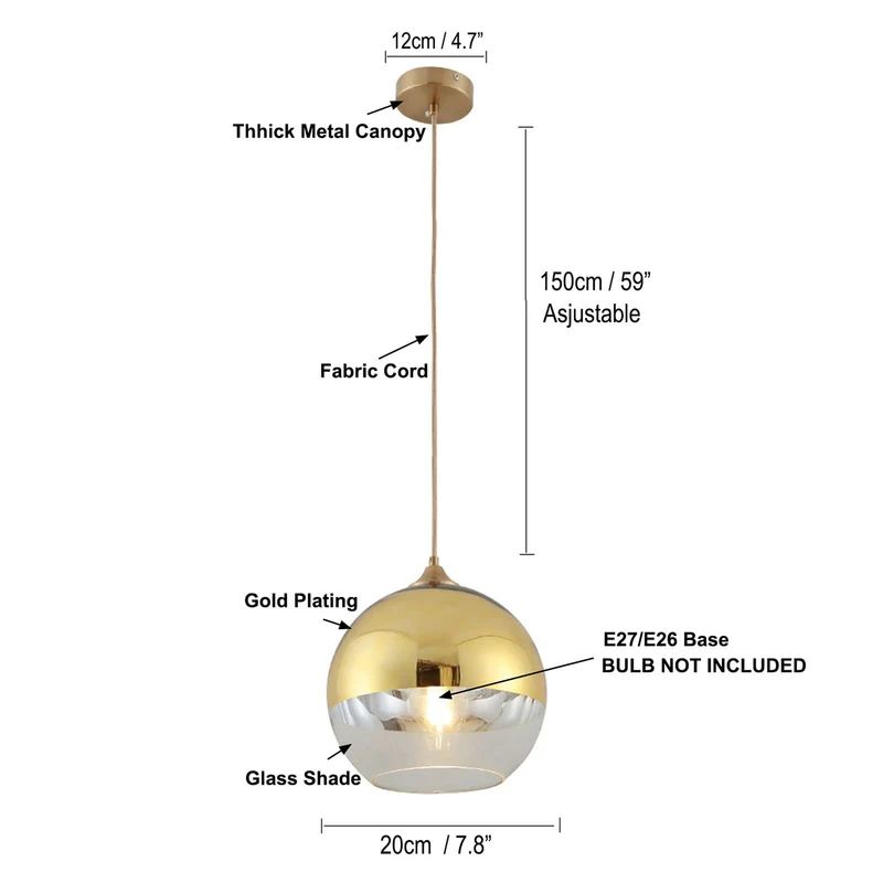 Euone_Clothes Suspension Luminaire avec Abat-jour Boule en Verre Semi-plaqué, Lampe Suspendue de Plafond Moderne, Lustre de Chambre de Salle à manger de Cuisine (Or, 20cm), (‎DGY-1004)