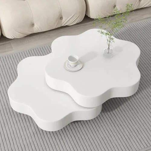 OOIILLEE Table Basse Rotative Design Fleur avec Plateau Tournant 360° - Table de Salon Double Étage à 2 Plateaux - Blanc Crème en MDF, Support jusqu'à 30 kg (74,8 x 67,5 x 31 cm)