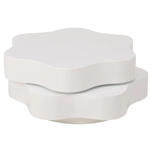 OOIILLEE Table Basse Rotative Design Fleur avec Plateau Tournant 360° - Table de Salon Double Étage à 2 Plateaux - Blanc Crème en MDF, Support jusqu'à 30 kg (74,8 x 67,5 x 31 cm)