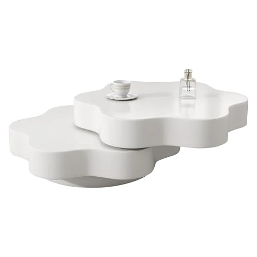 OOIILLEE Table Basse Rotative Design Fleur avec Plateau Tournant 360° - Table de Salon Double Étage à 2 Plateaux - Blanc Crème en MDF, Support jusqu'à 30 kg (74,8 x 67,5 x 31 cm)